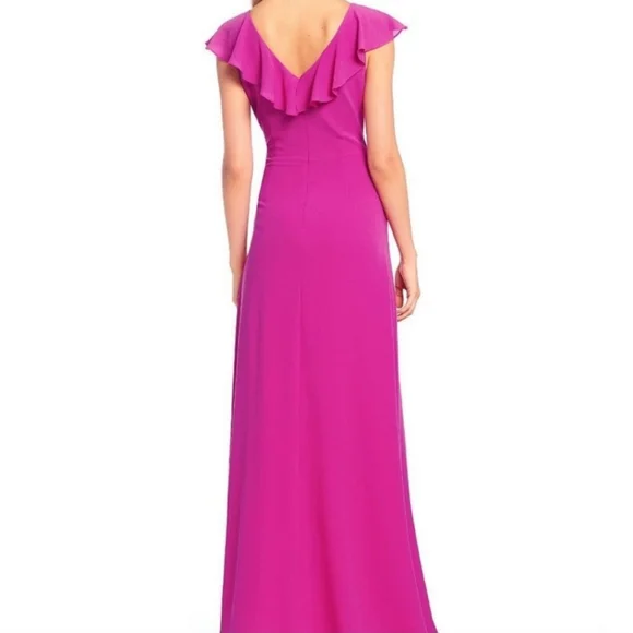 Badgley Mischka Pink Fuchsia V-Neck Ruffles Chiffon Formal Gown Size 2 - Picture 2 of 4